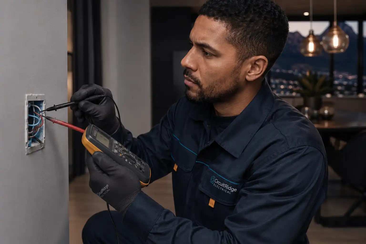 Electrician carrying out fault finding with a multimeter