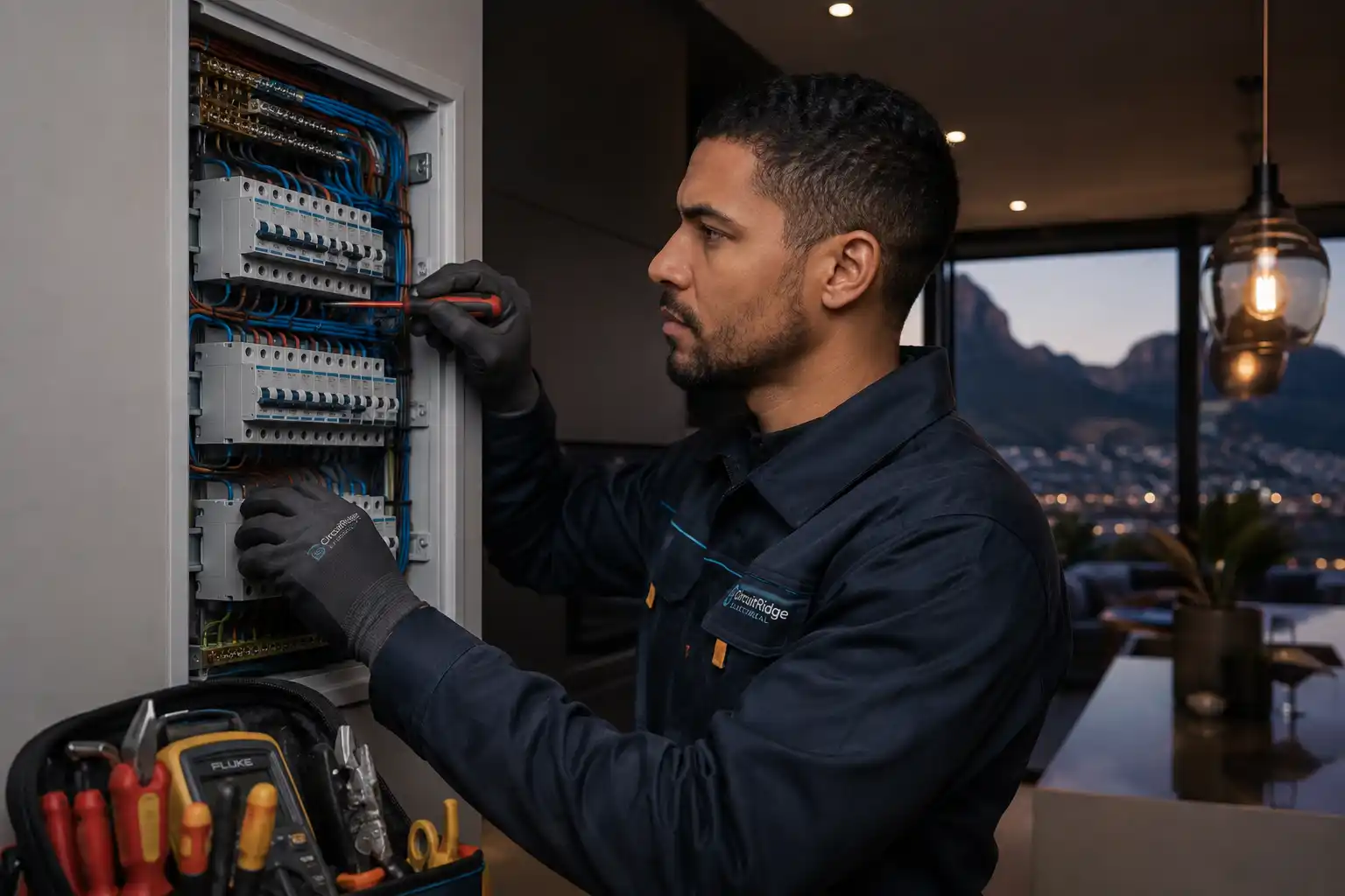 Professional electrician working at a distribution board