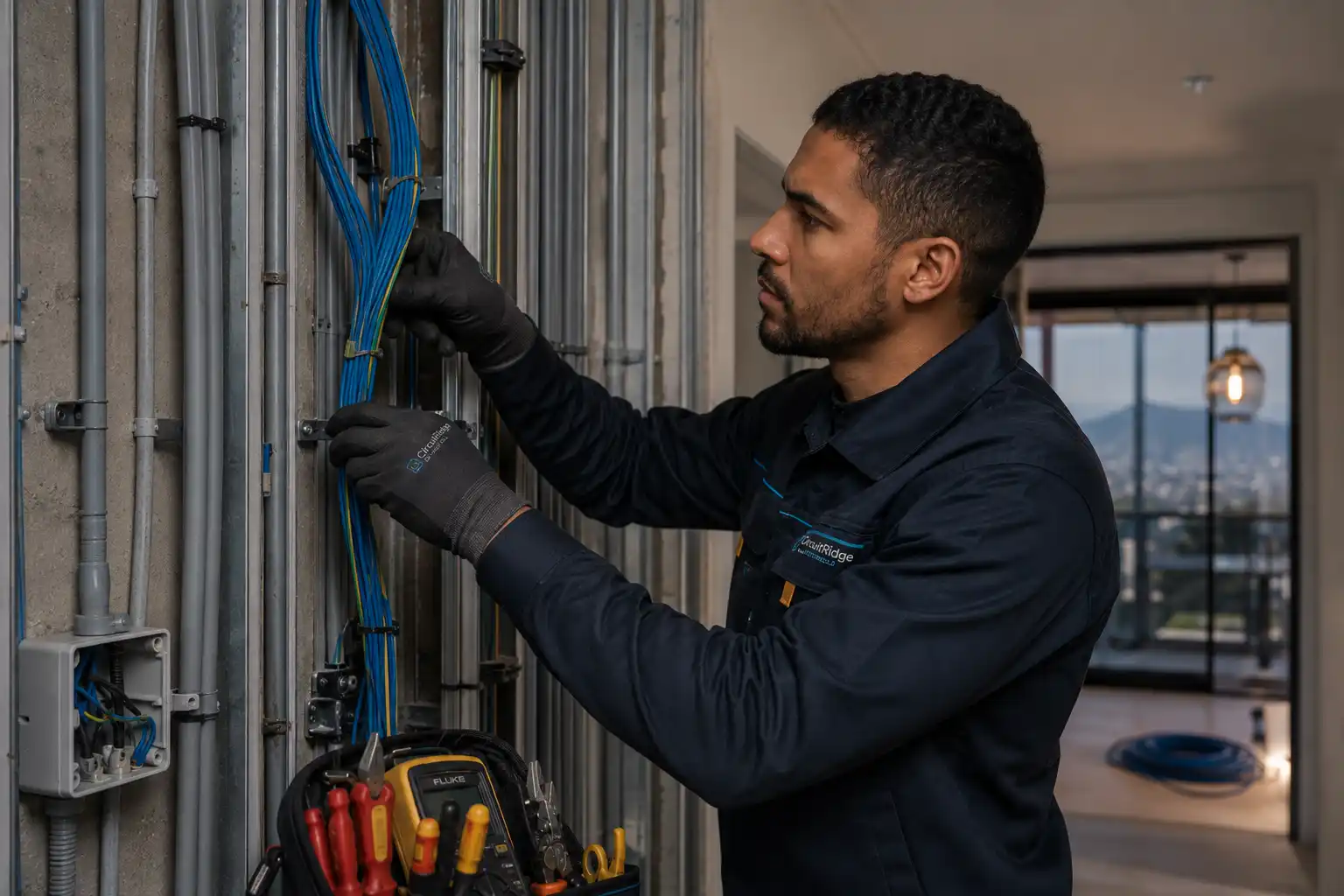 Professional electrician carrying out rewiring and conduit installation